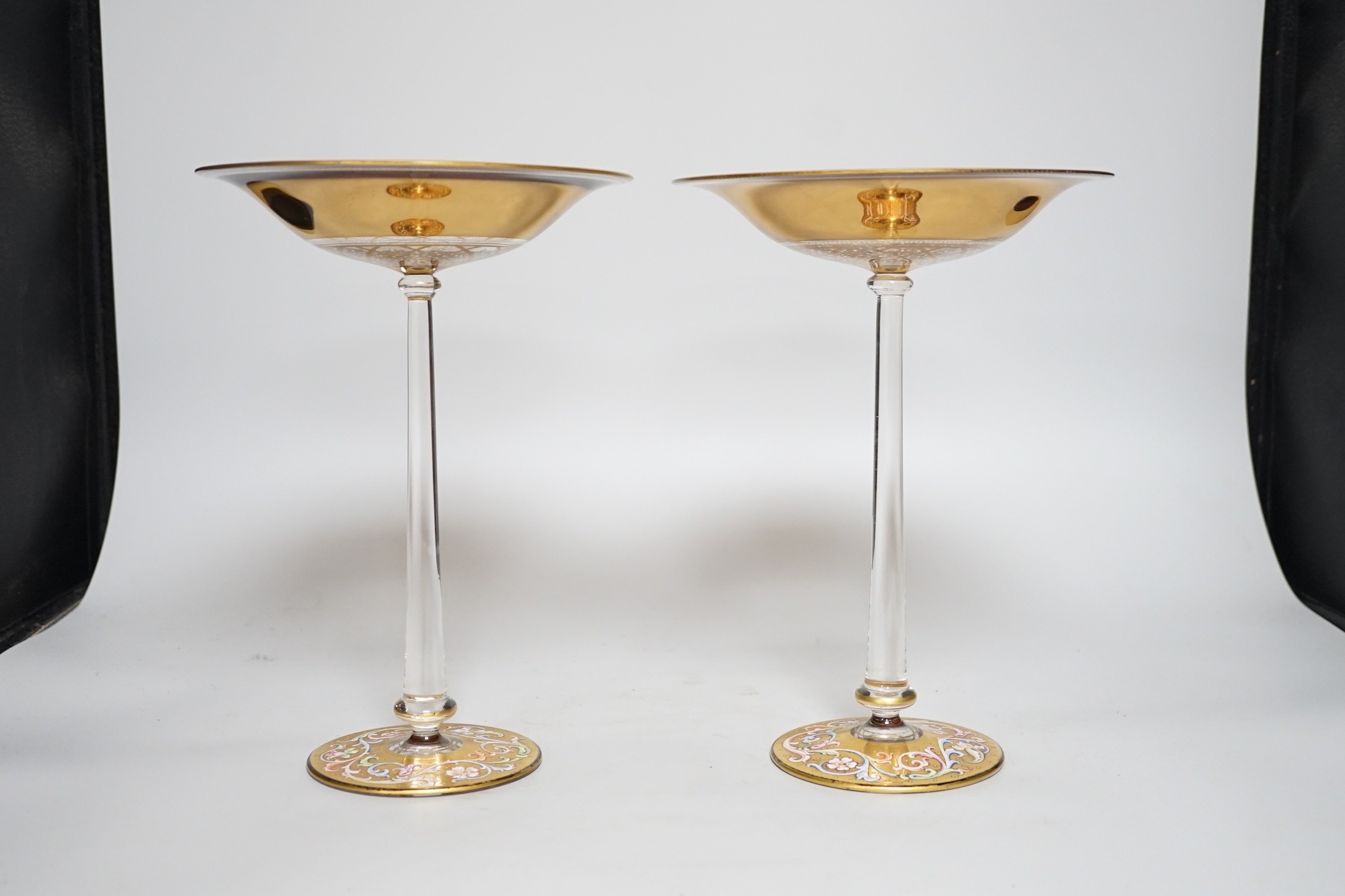 A fine pair of Bohemian enamelled glass tall pedestal bonbon dishes, probably Moser, late 19th century, 25.5 cm high, dish tops 18.5 cm diameter